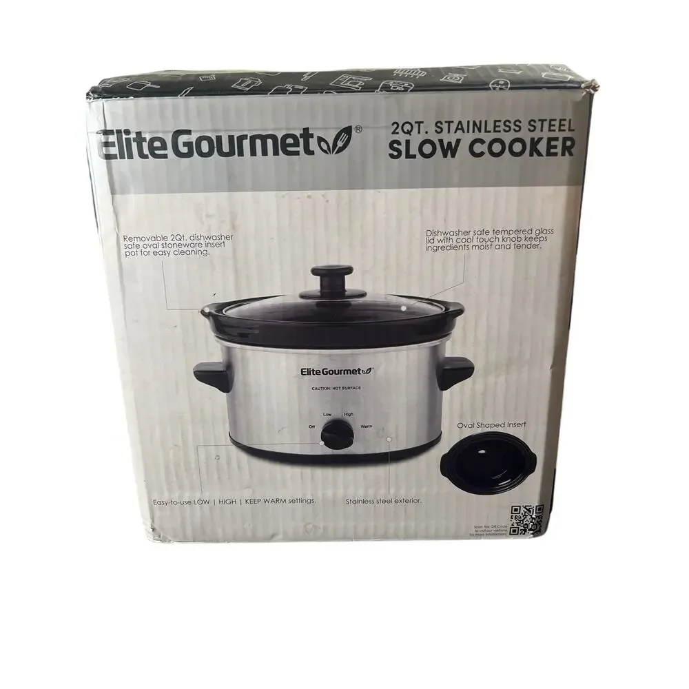 Elite Gourmet 2 Qt Stainless Steel Slow Cooker‎ Oval Mini Crock Pot New